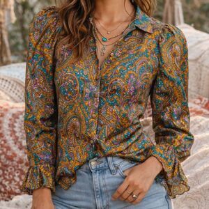 Vintage 100% Silk Paisley Blouse Size 8 Boho Luxe Ruffle Cuff Top Festival